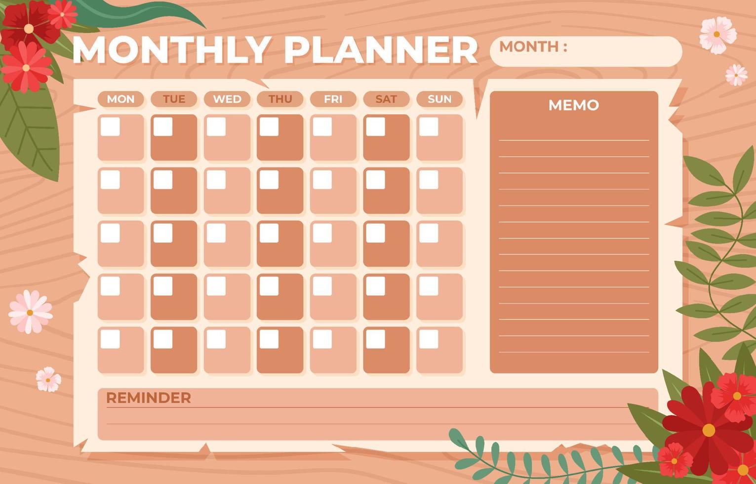 Wood Texture Monthly Planner Calendar Template vector