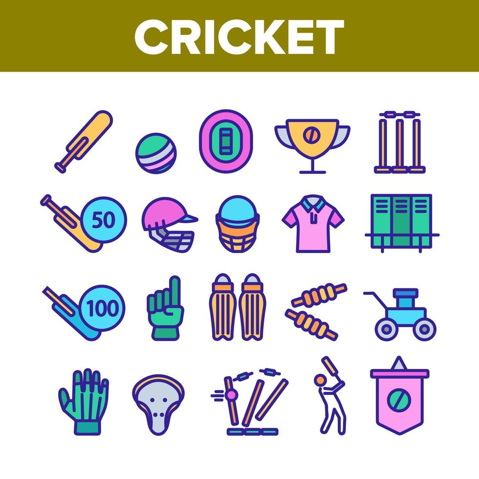 Cricket Collection Game Elements Icons Set Vector