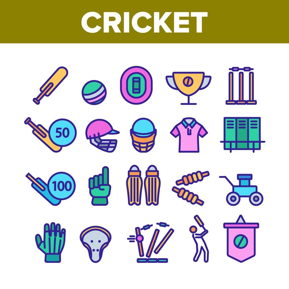 conjunto de iconos de elementos de juego de colección de cricket vector