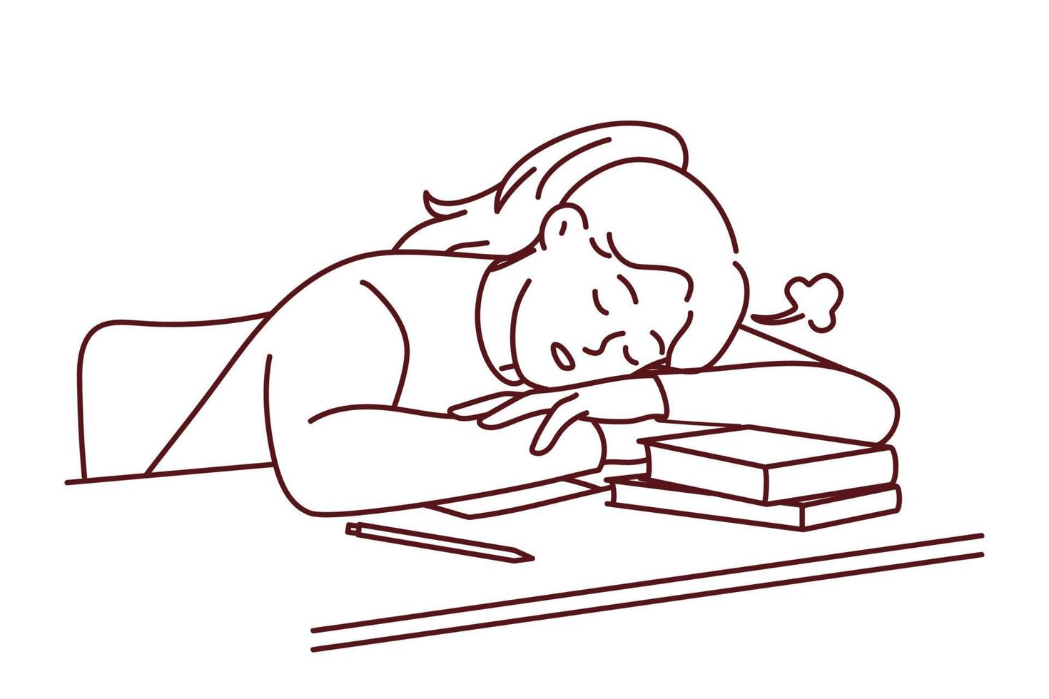 Tired young female student fall asleep on desk distressed with studying. Exhausted girl sleep on table suffer from exhaustion and fatigue learning. Vector illustration.