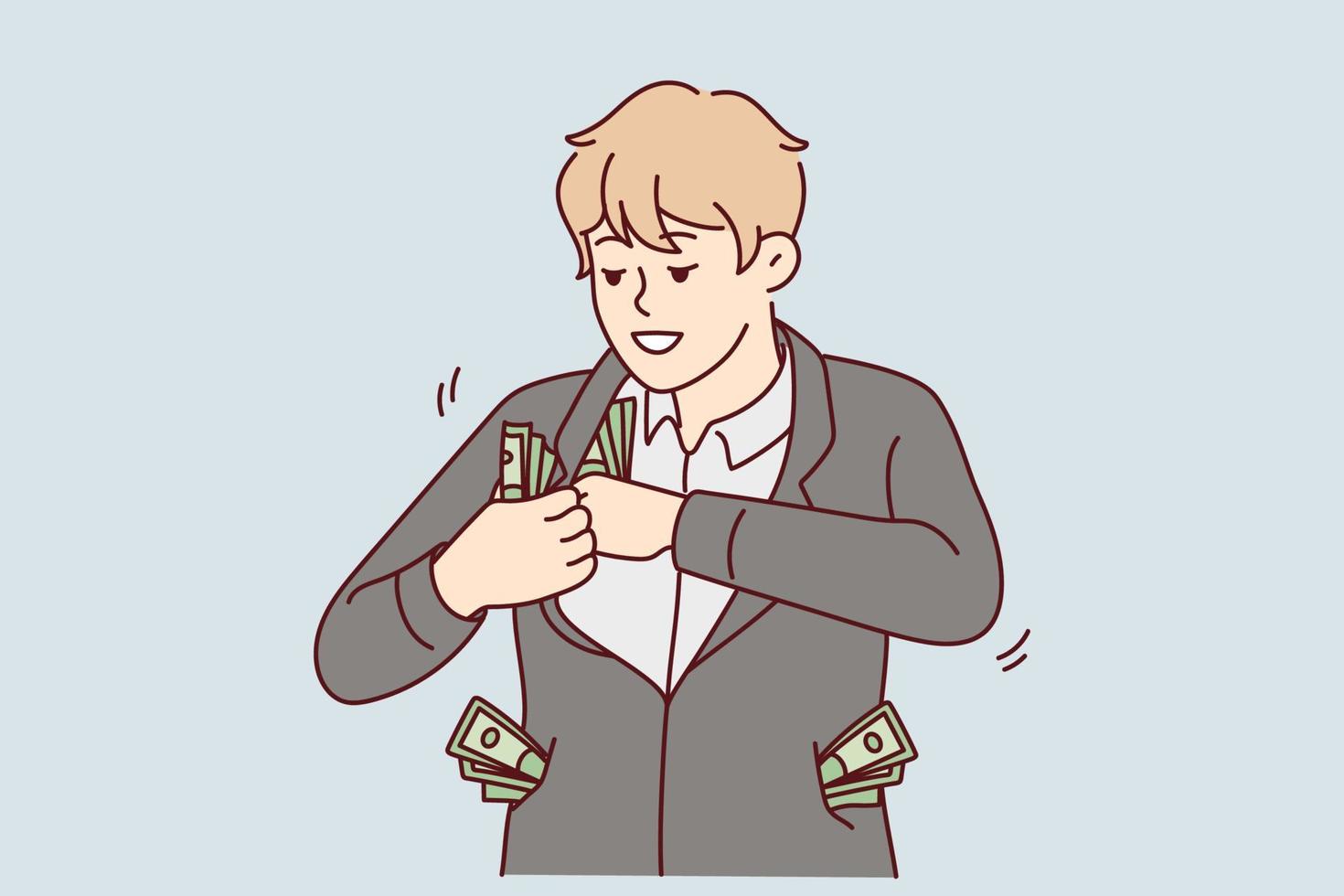 Wealthy businessman with dollars in all pockets get revenue or income. Smiling rich man with money win lottery or get investment rate. Vector illustration.