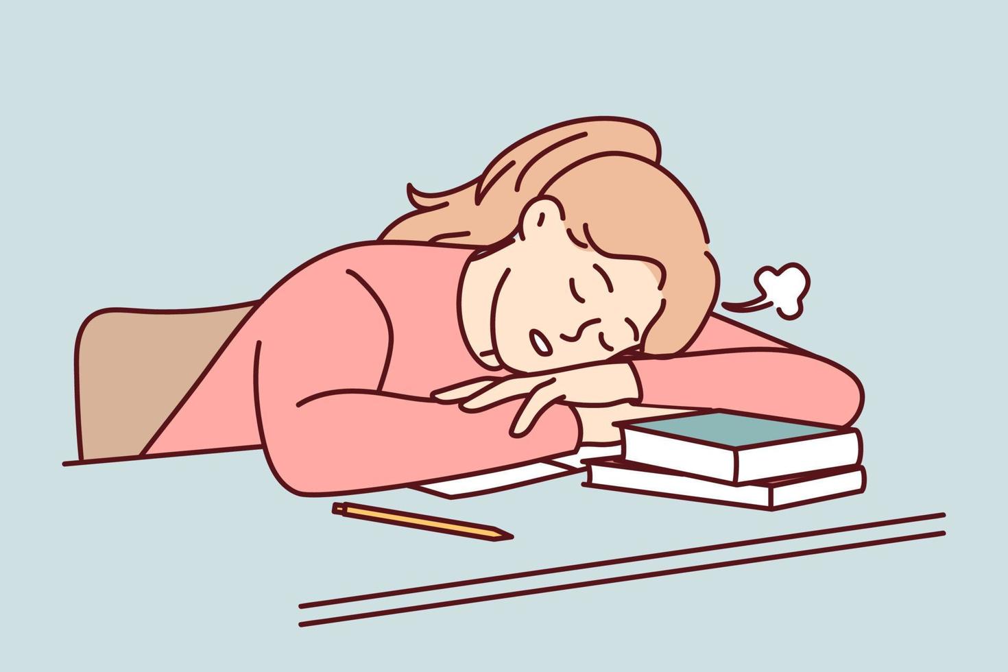 Tired young female student fall asleep on desk distressed with studying. Exhausted girl sleep on table suffer from exhaustion and fatigue learning. Vector illustration.