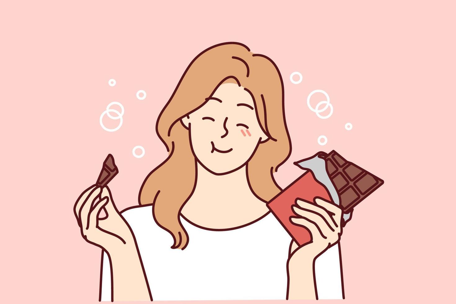 Happy young woman eating chocolate. Smiling girl feel joyful enjoy sweet bar or sugar dessert. Vector illustration.