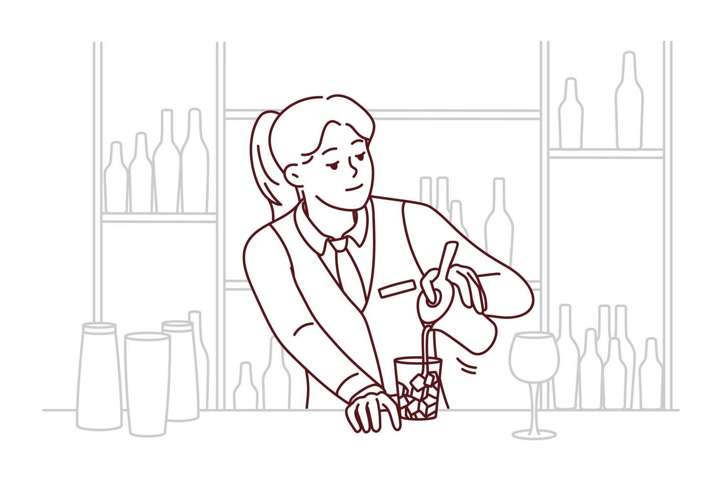 Bartender in uniform making cocktail at bar. Smiling female waitress make drink in restaurant at counter. Alcohol and beverage. Vector illustration.