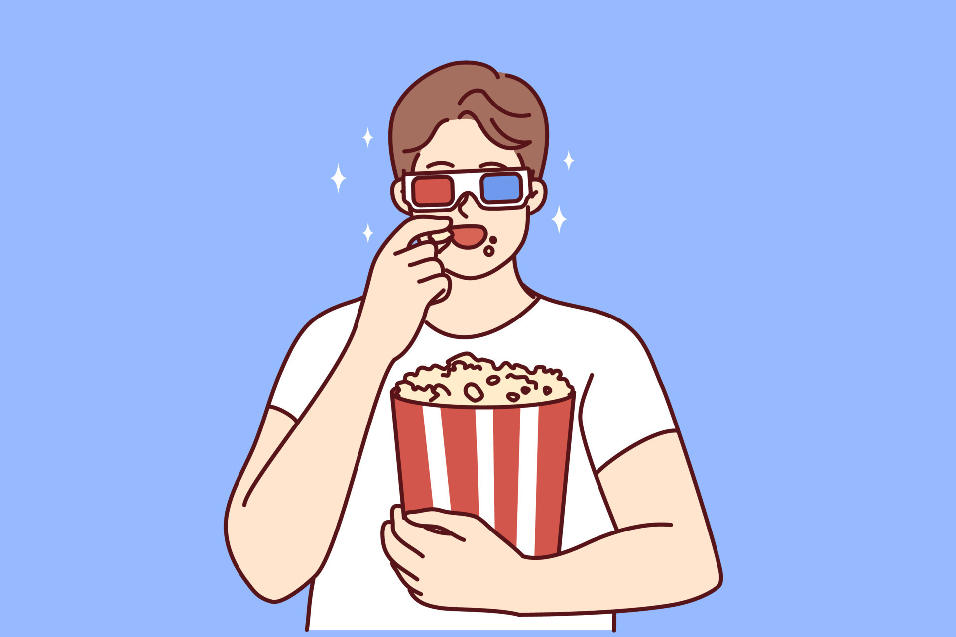 Happy young man in 3D glasses eating popcorn watching movie in cinema