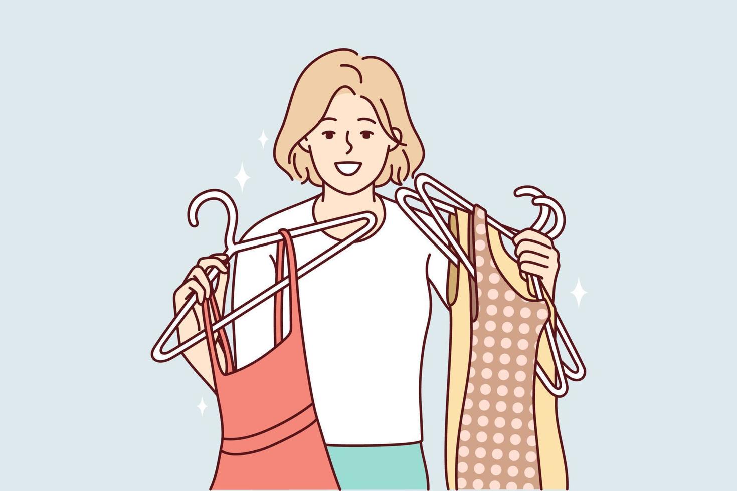 Happy young woman with dresses on hangers shopping in mall. Smiling girl buying fashion clothes in store. Style and consumerism. Vector illustration.