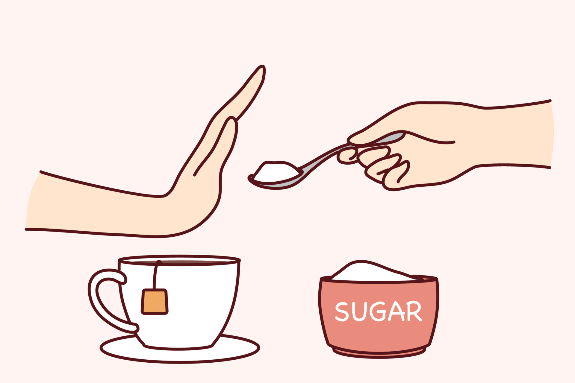 Person say no to sugar in tea or coffee. Man or woman make hand gesture