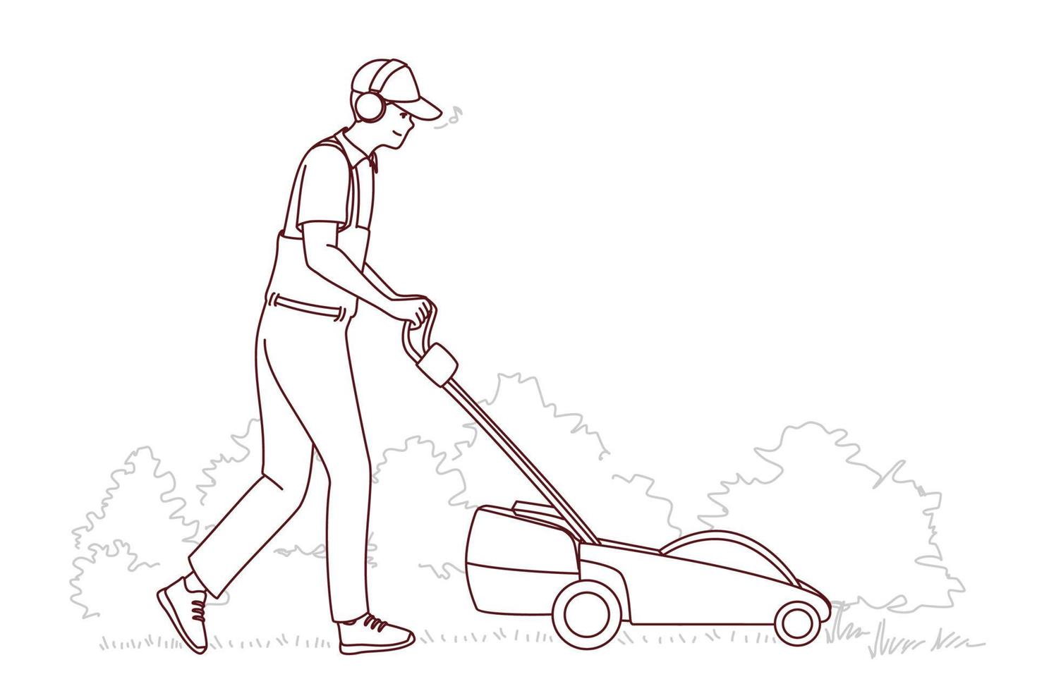 Man in uniform cut grass with electric lawn mower. Employee or worker push grass trimmer machine outdoors. Vector illustration.