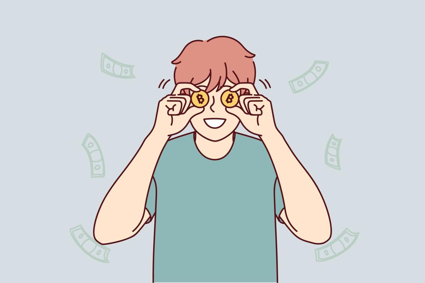 joven sonriente con bitcoins emocionado con ingresos o ingresos. feliz inversionista o financiero masculino encantado con una tasa o inversión exitosa. ilustración vectorial vector