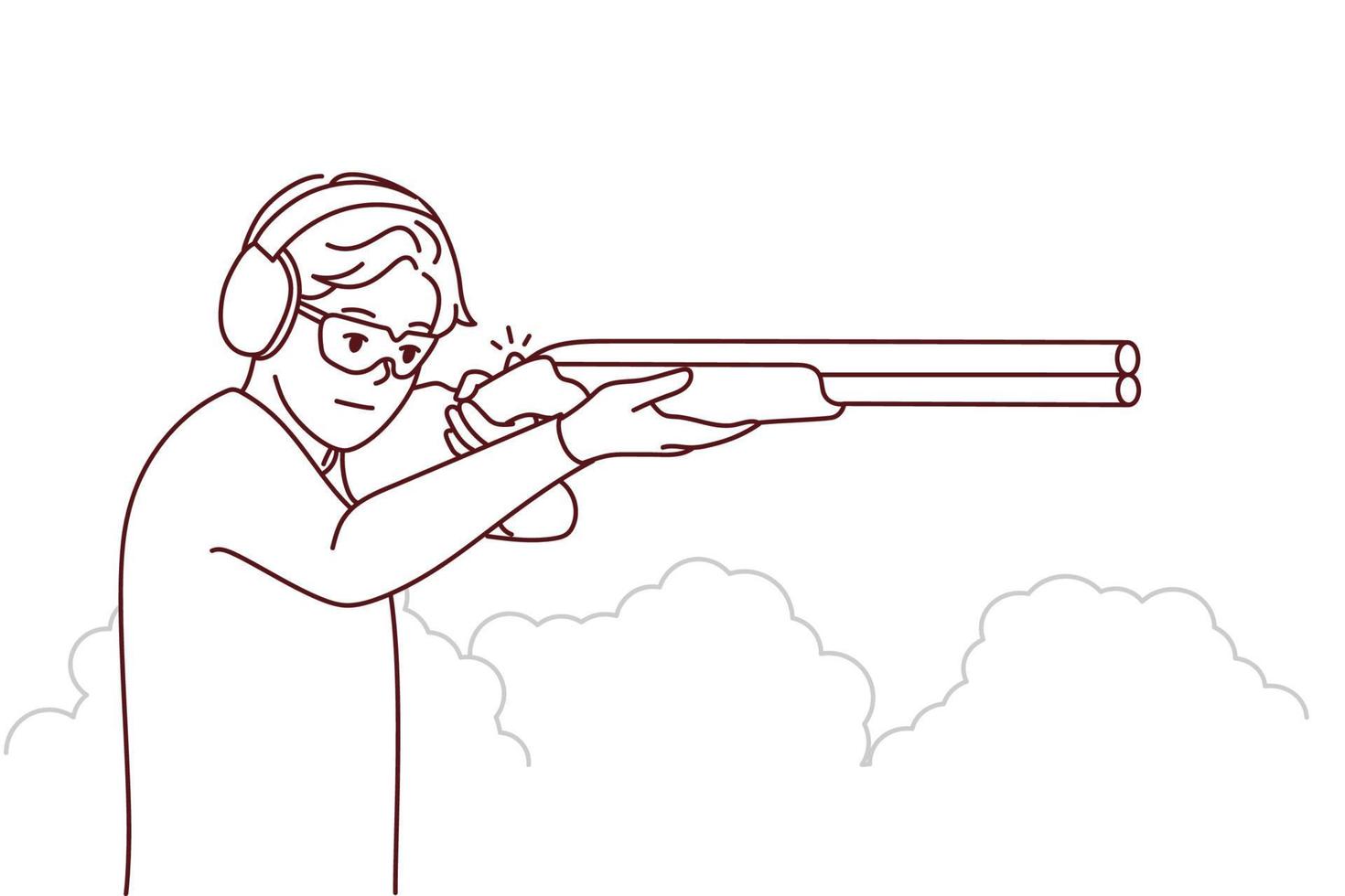 hombre con auriculares y gafas dispara con rifle en la galería de tiro. chico con arma en las manos cazando en el parque. ilustración vectorial vector