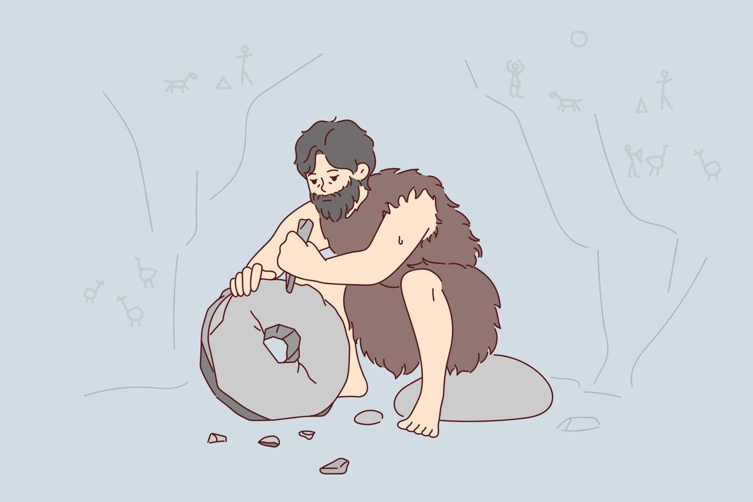 Ancient man with beard who lives in cave uses stone tool to create wheel. Neanderthal man in cloak made of animal skin invents primitive devices for grinding grain. Flat vector illustration