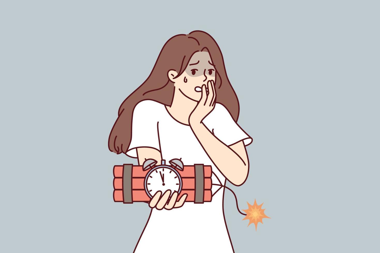 Frightened woman holding bomb in hands panicking because of explosion and does not know how to stop detonation. Shocked girl with dynamite symbolizing imminent approach of trouble. Flat vector design