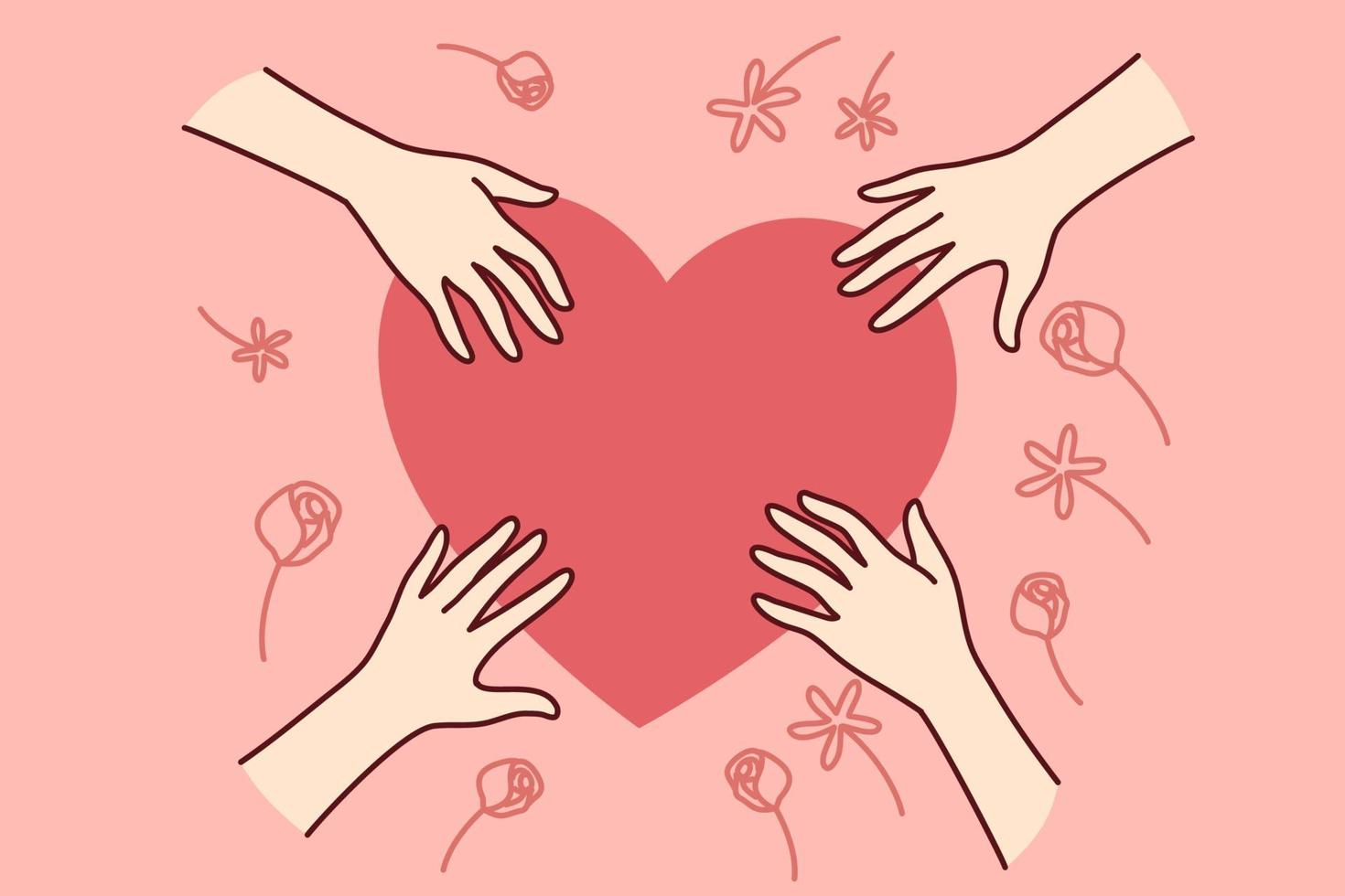 Close-up of hands near heart sign share love and care. Diverse people touching heart show affection and gratitude. Vector illustration.