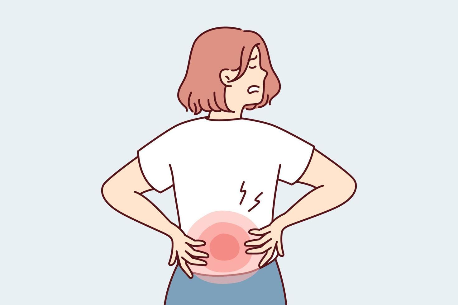 Woman stands with back to screen and holds on to red lower back after failing to lift heavy bag. Girl suffers from pain in spine needs massage or help of osteopath doctor. Flat vector illustration