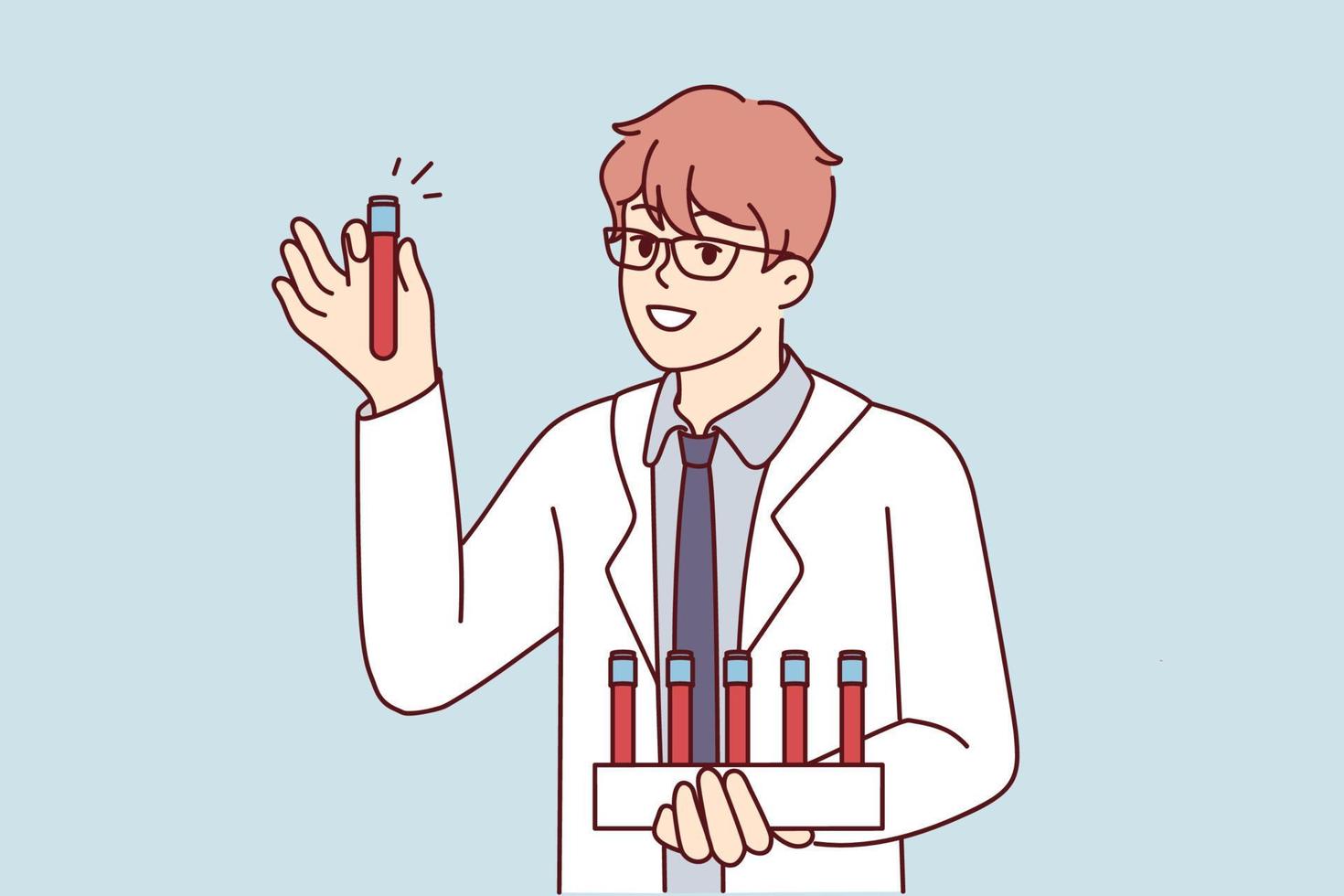 Young man scientist in white coat holds test tubes with blood samples for scientific experiments. Smart guy working as doctor in private clinic demonstrates plastic flask. Flat vector illustration