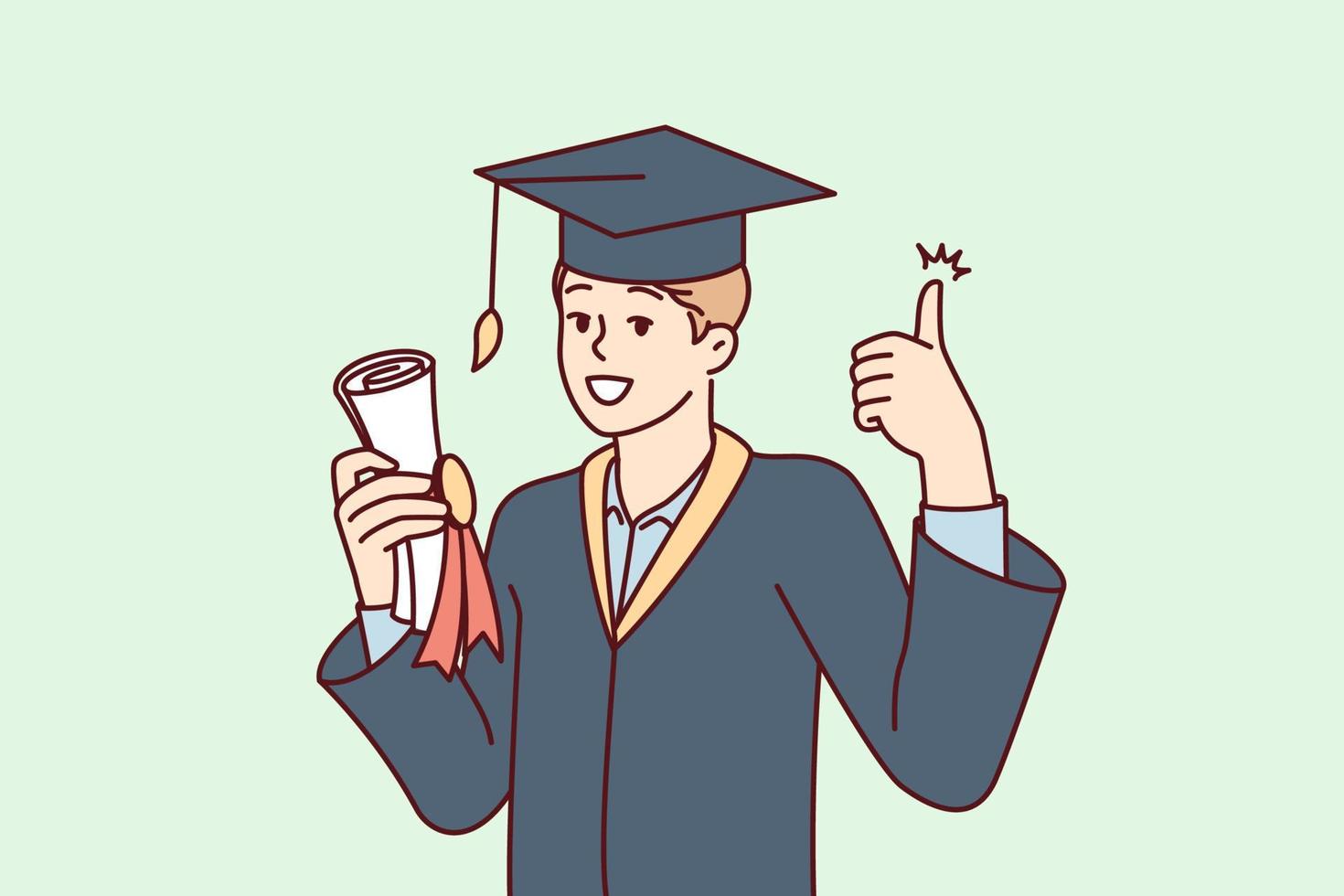 Graduate guy in academic gown and hat holds bundle with diploma and shows thumbs up. University student rejoices in getting quality education in good educational institution. Flat vector illustration