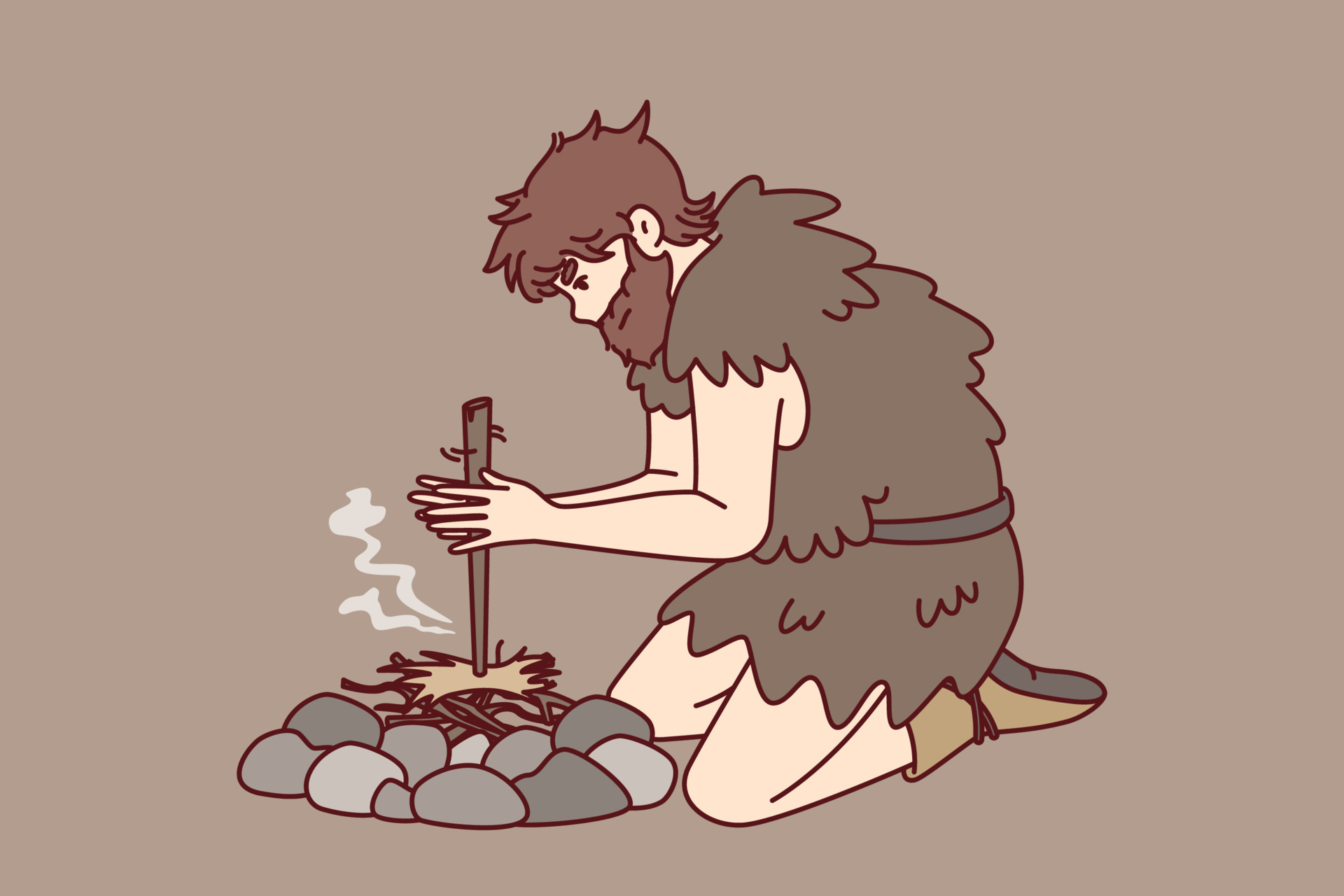 Primitive man on knees near stones for first time breeds bonfire using