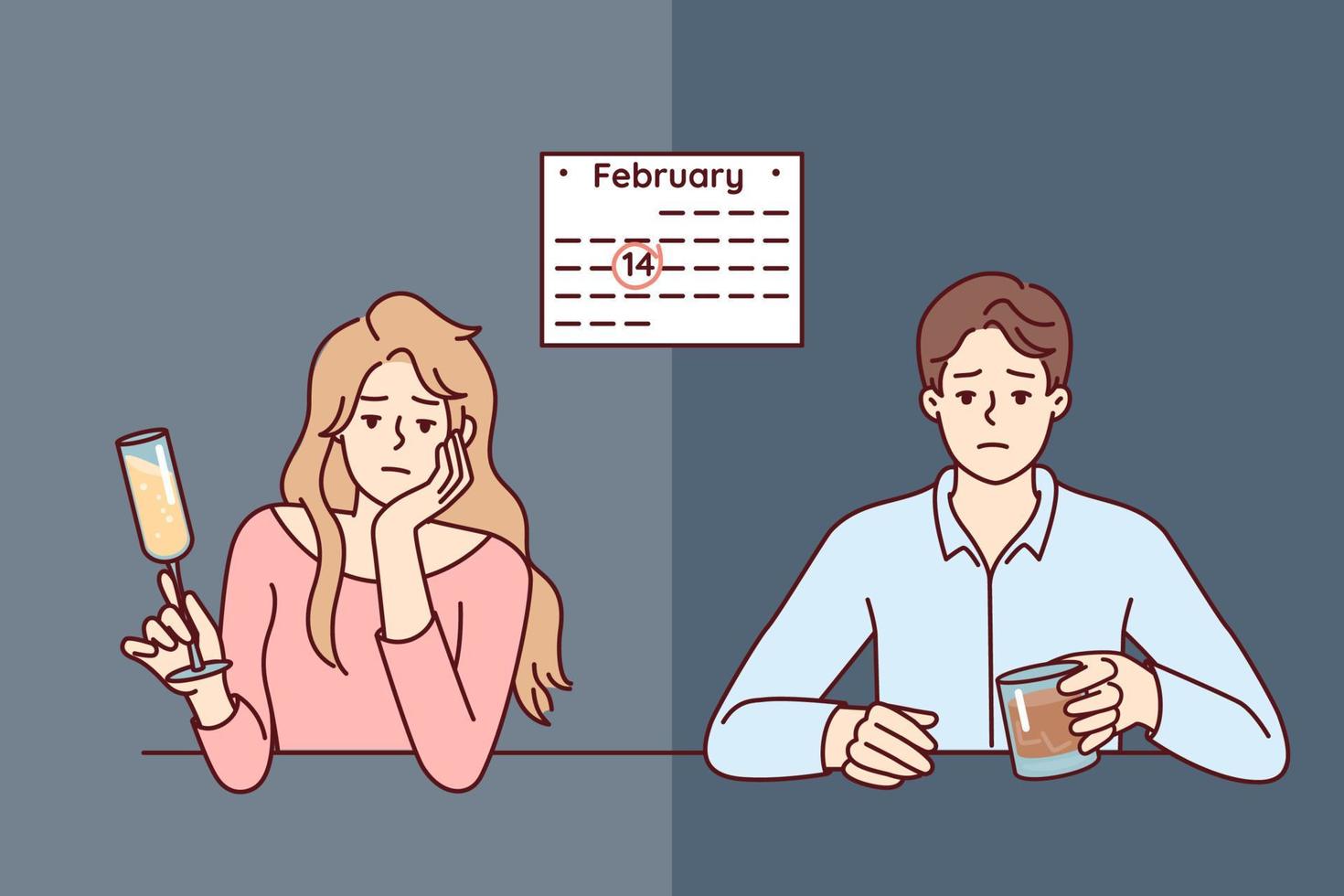 el hombre y la mujer celebran el 14 de febrero solos debido a la ausencia de la segunda mitad. el chico y la chica infelices están tristes sentados en la mesa debido a la separación el día de san valentín. ilustración vectorial plana vector