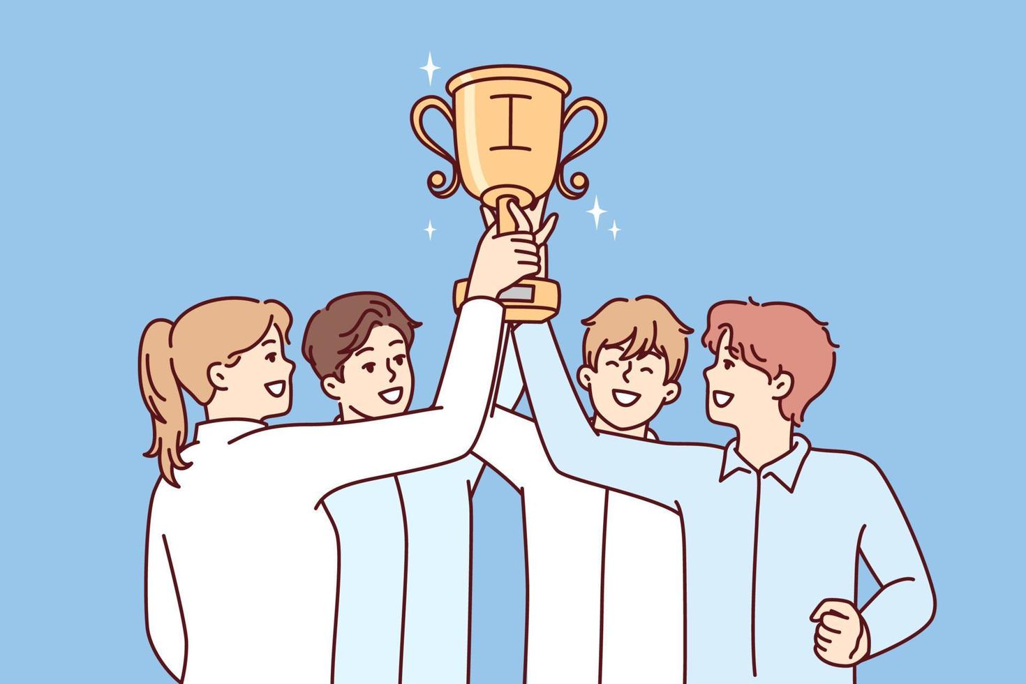 Tight-knit team of office workers raises golden cup over heads rejoicing at best sales results. Men and women hold first place prize after winning best startup competition. Flat vector design