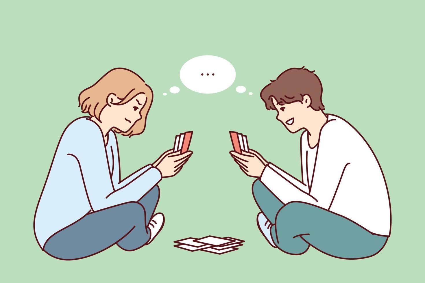 Young man and woman play cards sitting cross-legged on floor and think what next move to make. Youth guy and girl spend their free time together using board game to pass time. Flat vector design