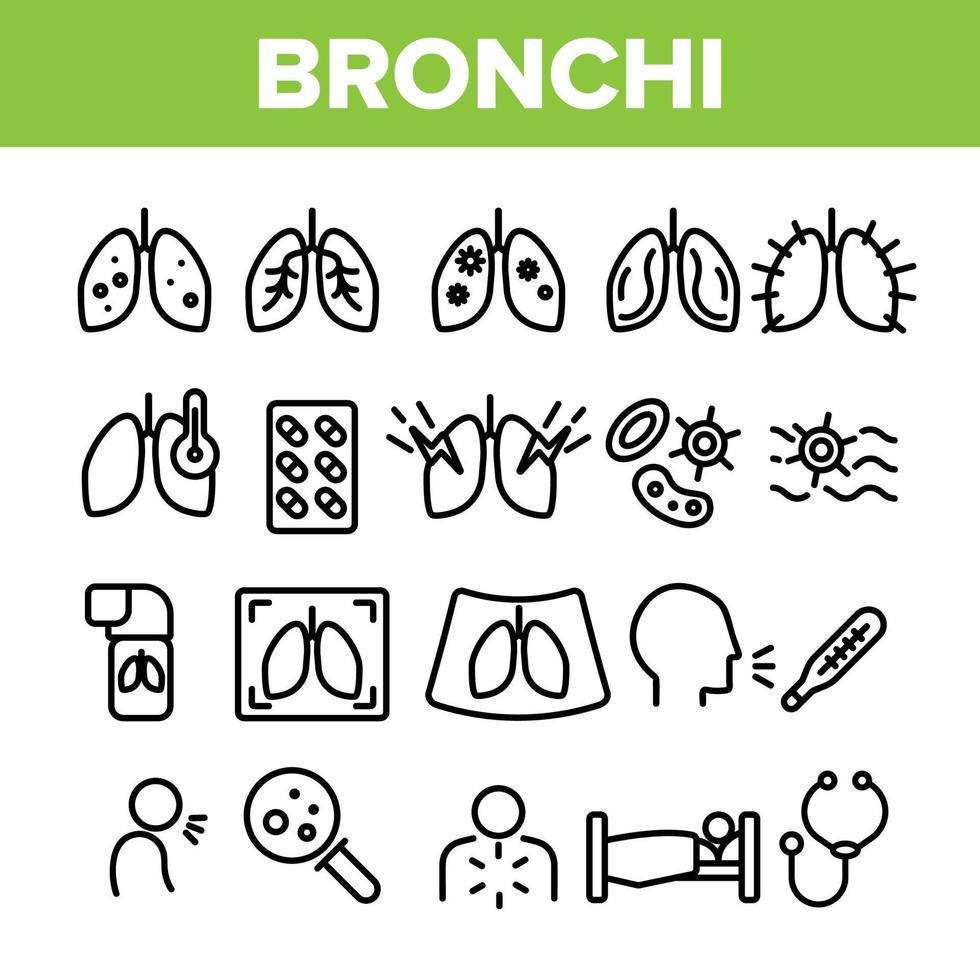 Bronchitis, Allergic Asthma Symptoms Vector Linear Icons Set