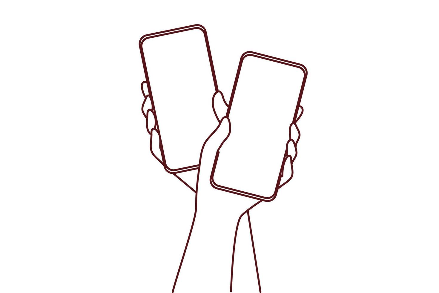 Close-up of couple hands holding cellphones with mockup screens texting online on gadgets. Man and woman with smartphones and internet communication. Vector illustration.