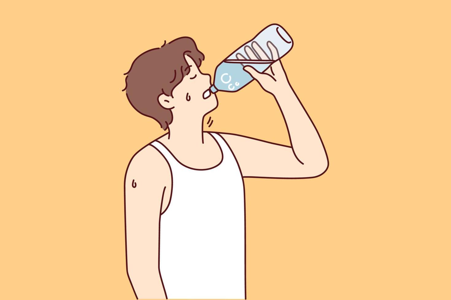 Thirsty young man suffer from heatstroke drinking water from bottle. Guy enjoy clean still liquid struggle with thirst or heat. Vector illustration.