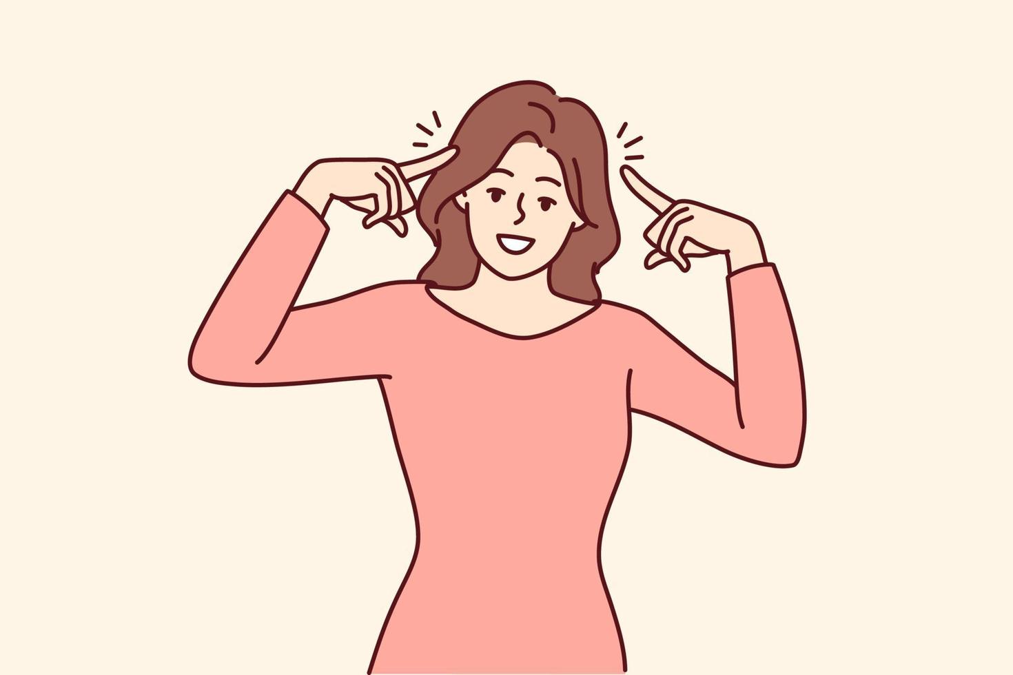 Smiling woman point at herself feeling successful and confident. Happy female show at head with fingers generate ideas. Vector illustration.