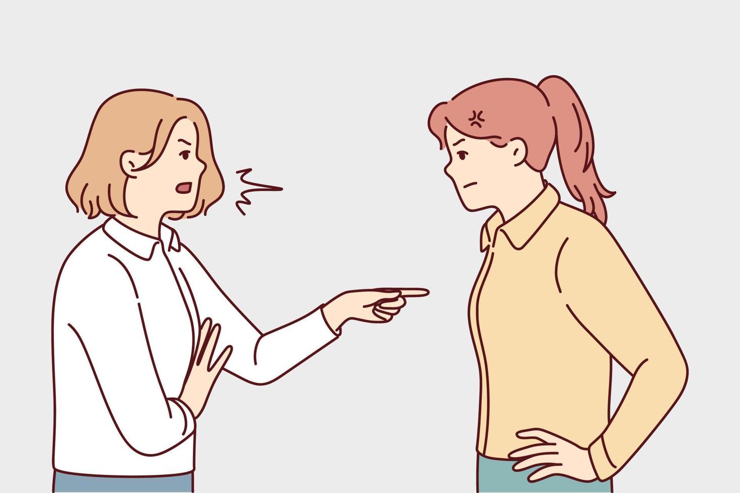 mujeres enojadas peleando o peleando. las chicas locas y furiosas se culpan unas a otras, haciéndose culpables. la ira y la incomprensión. ilustración vectorial vector