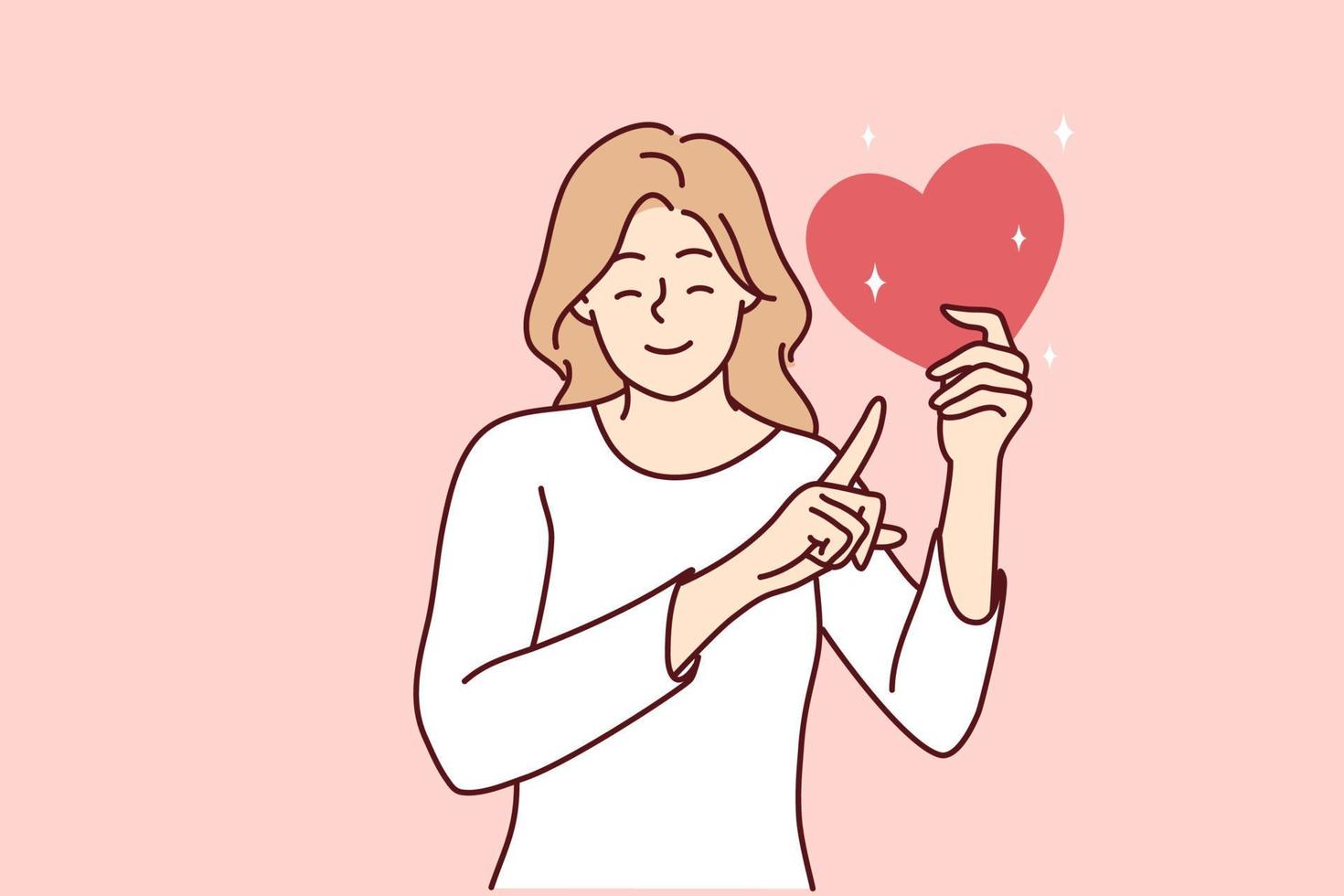 Happy young woman hold heart show with finger ask for donation or charity investment. Smiling girl point at love symbol in hands. Affection and care. Vector illustration.