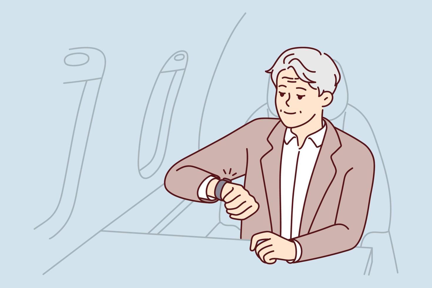 Mature rich man sit in airplane looking at wristwatch being in rush. Elderly male in business class of plane worried about miss deadline. Vector illustration.