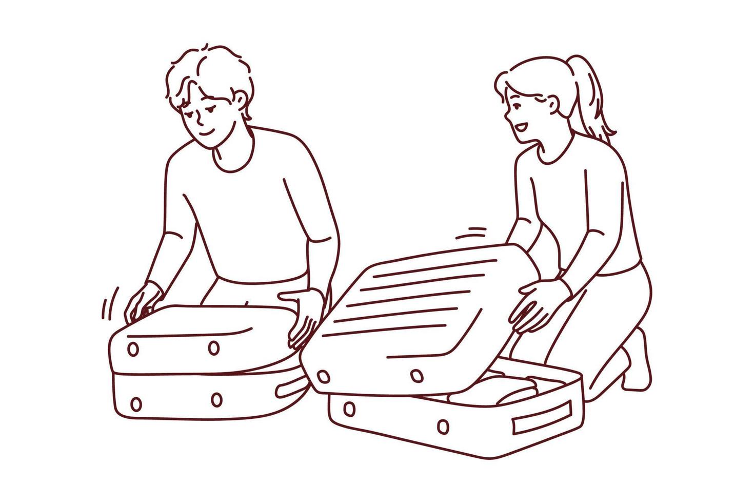 Happy couple packing suitcase getting ready for vacation. Smiling man and woman pack baggage excited about traveling. Tourism concept. Vector illustrations.