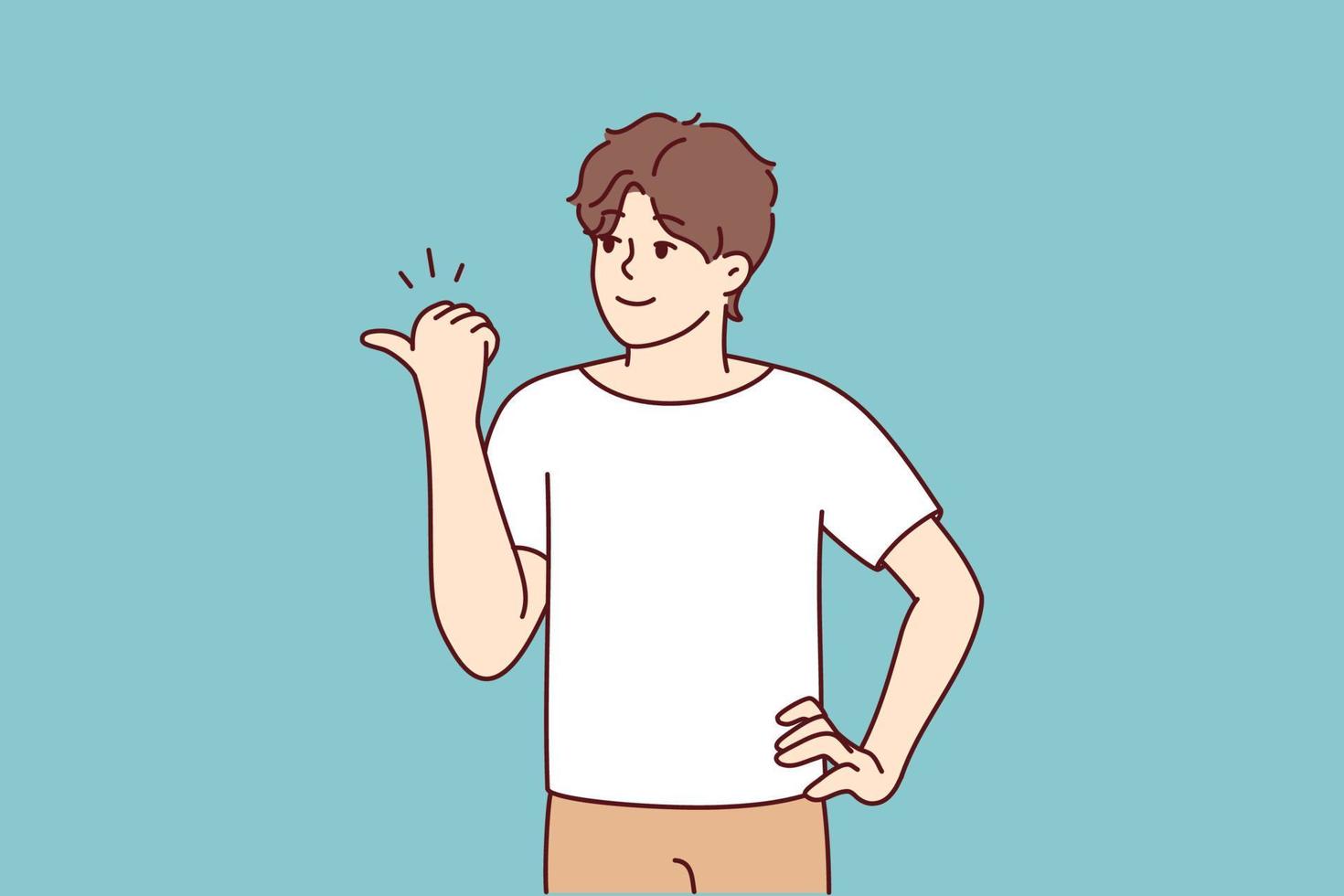 Smiling young man point at empty copy space aside. Happy male show with finger good sale deal or promotion. Recommendation. Vector illustration.