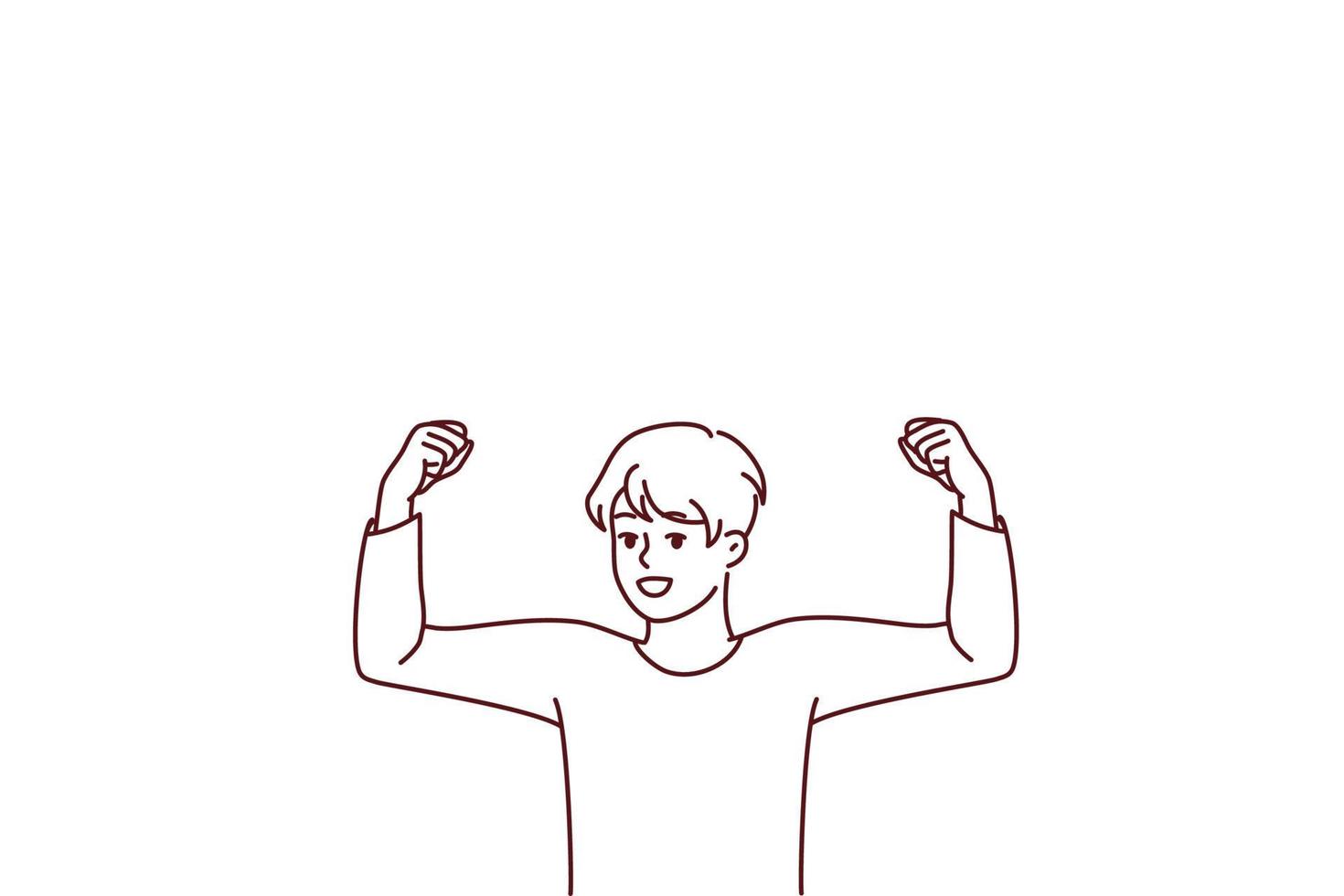 Smiling boy child show muscles dream of becoming big and strong. Happy kid imagine himself feeling strong and powerful. Vector illustration.
