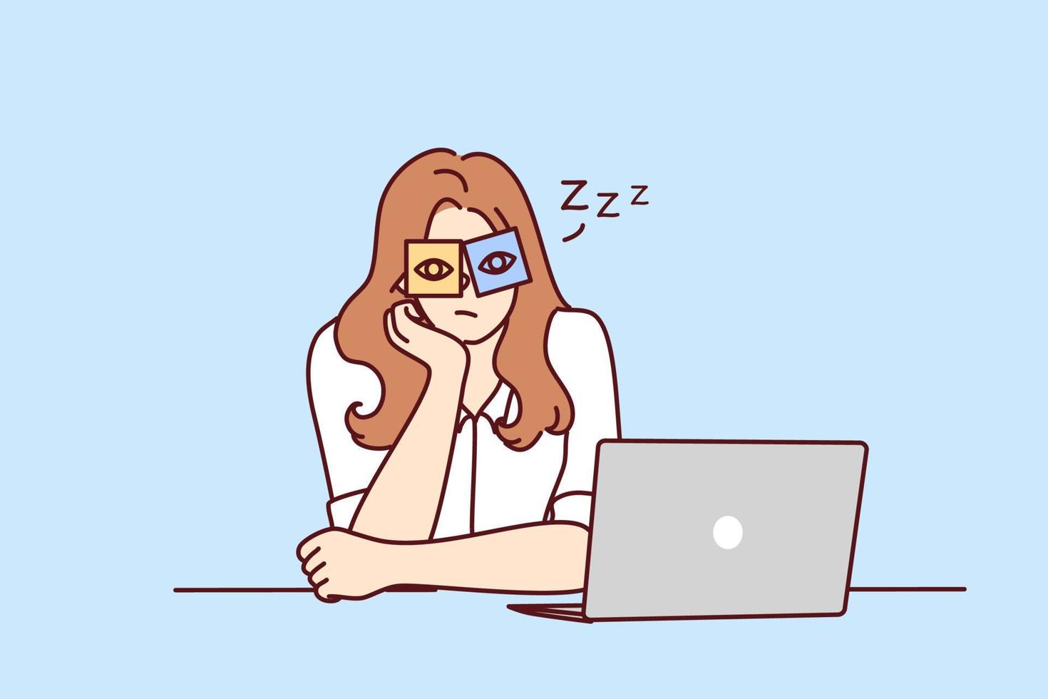 Exhausted young woman sit at desk work on computer overwhelmed with office job. Tired girl feel sleepy overwork at workplace. Fatigue concept. Vector illustration.