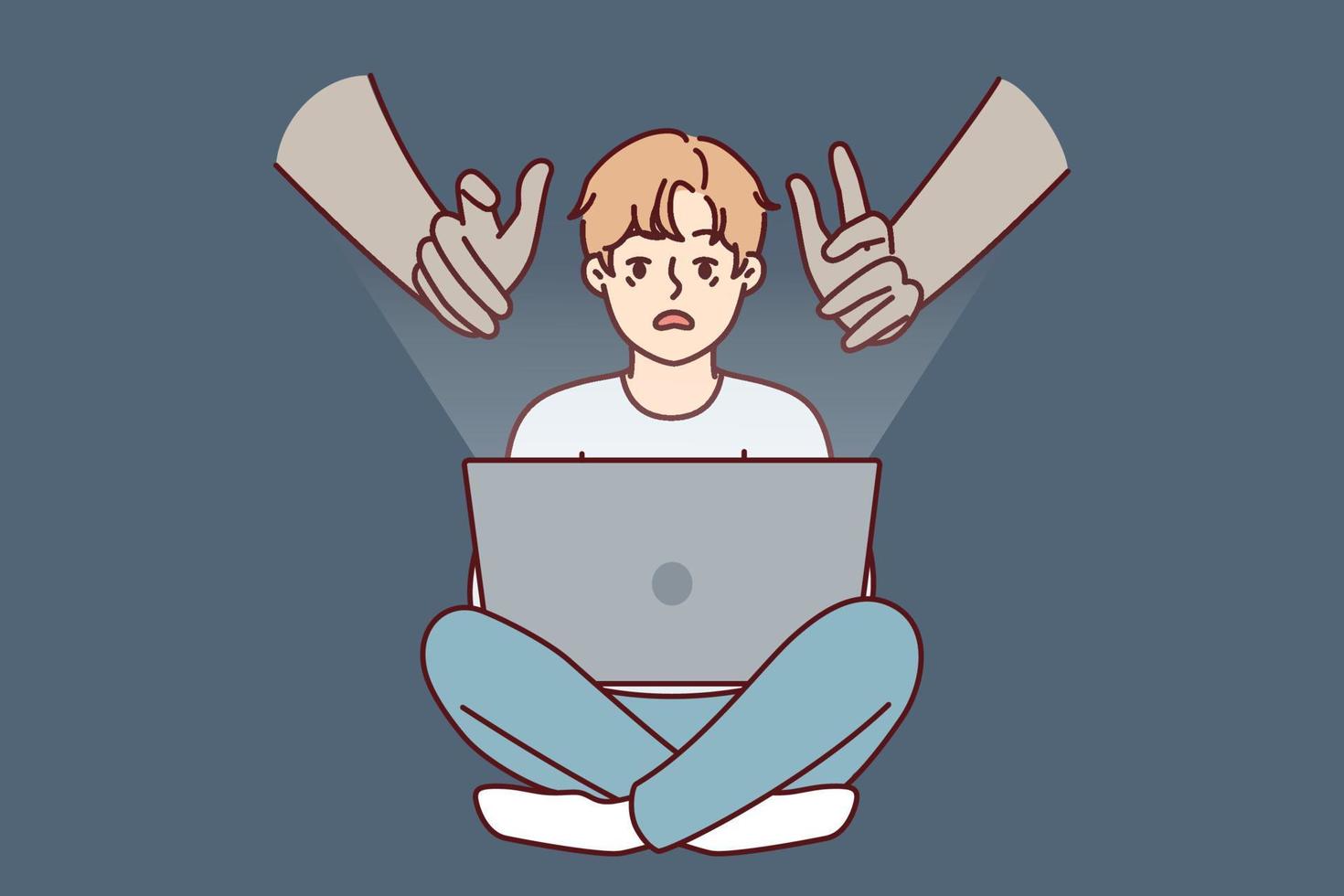 Giant hands reaching out to teenage boy using laptop with internet without parental control. concept of danger of using gadgets by children due to possibility of identity theft. Flat vector image