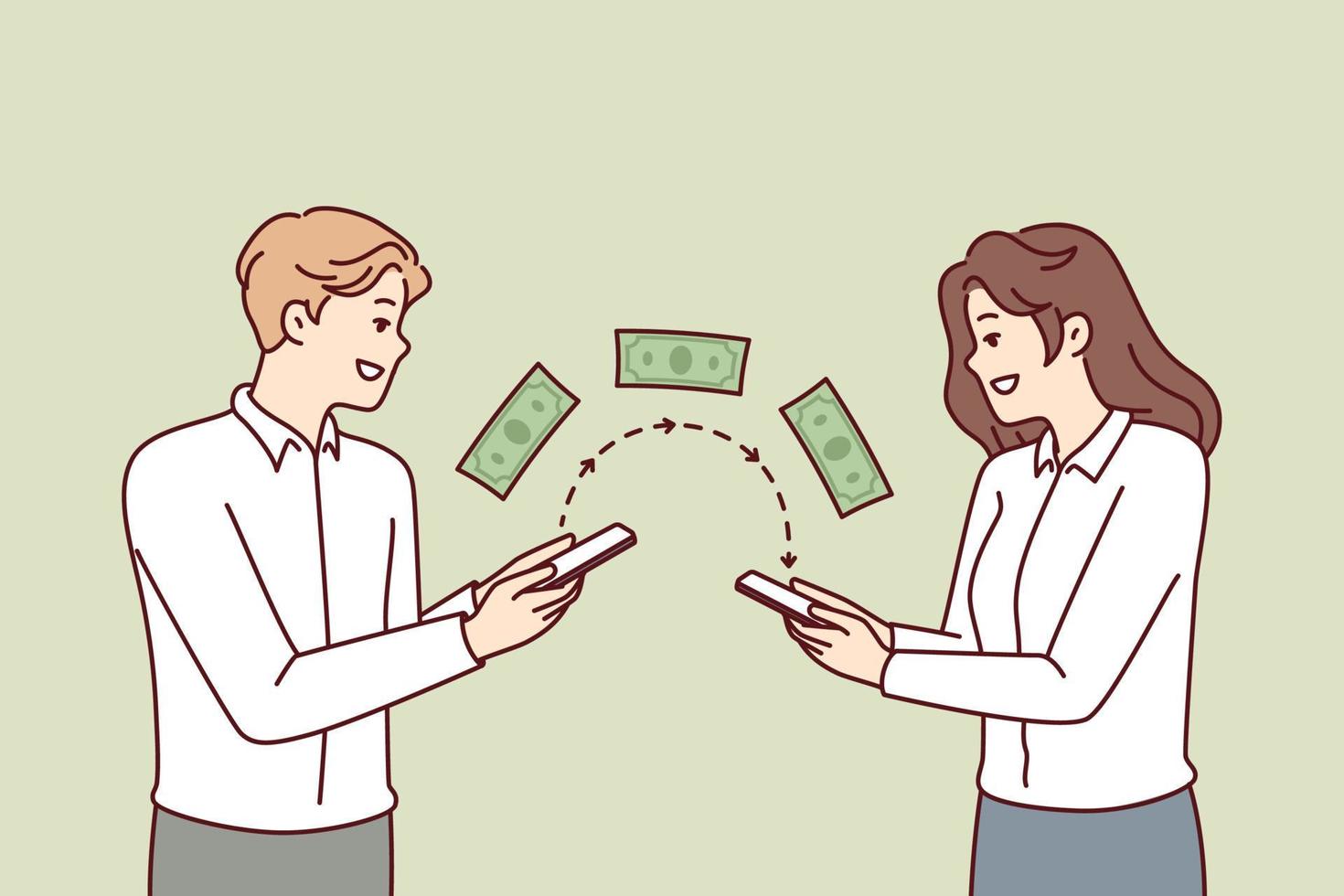 el hombre y la mujer usan la aplicación bancaria en su teléfono para transferir dinero a través de Internet. chico y chica con smartphones usan la red móvil para inversiones o transacciones financieras. ilustración vectorial plana vector