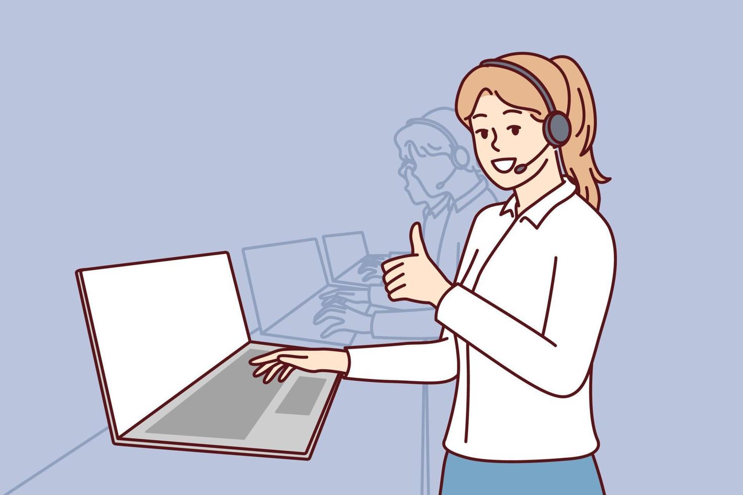 Woman in headphones for call center stands near laptop and looks at camera showing thumbs up. Girl employee of psychological support service or software user consultation smiling. Flat vector image