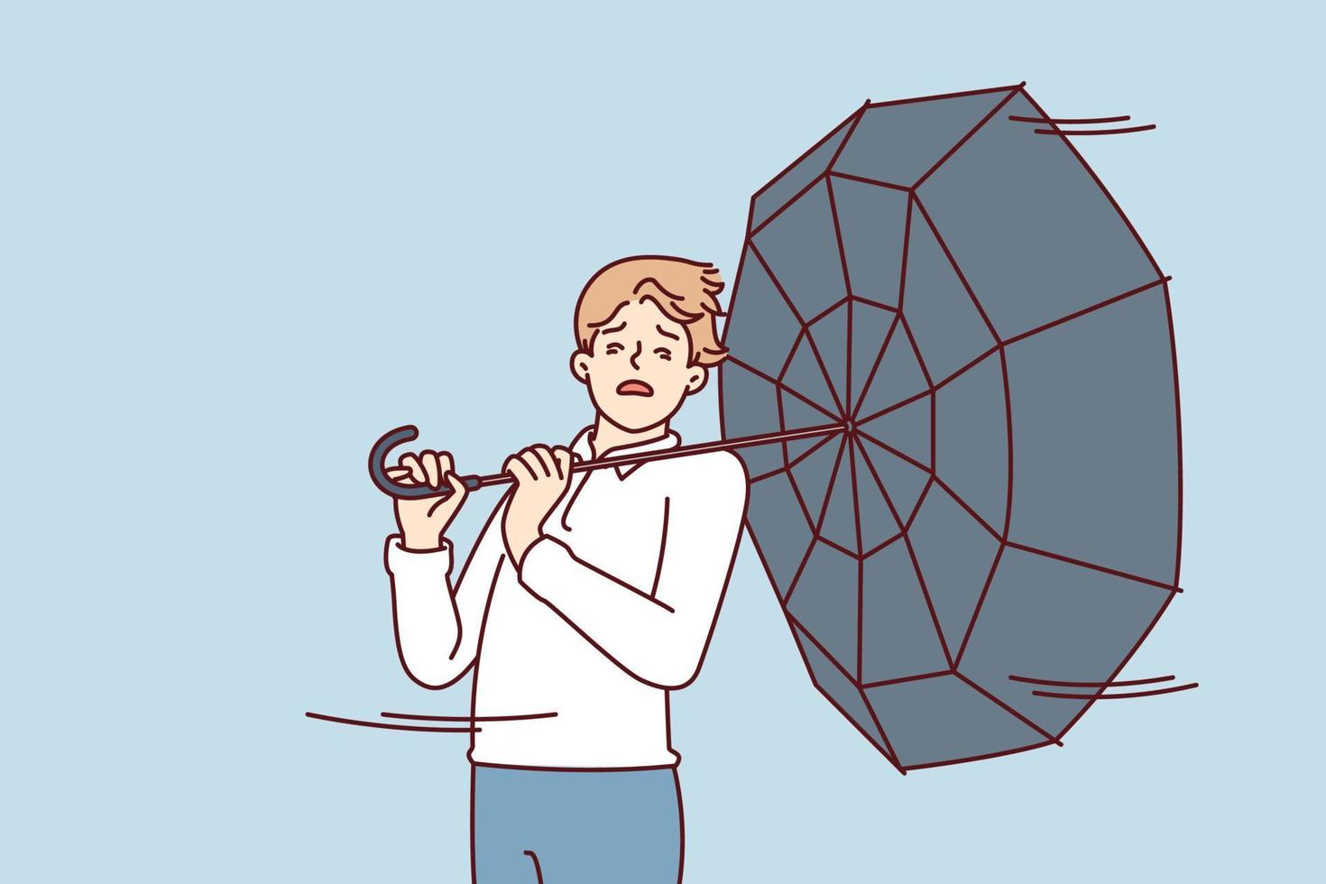 Man with umbrella turned backwards walks down street during severe life-threatening storm. Pedestrian in casual clothes caught in hurricane walking around city and needs shelter. Flat vector design