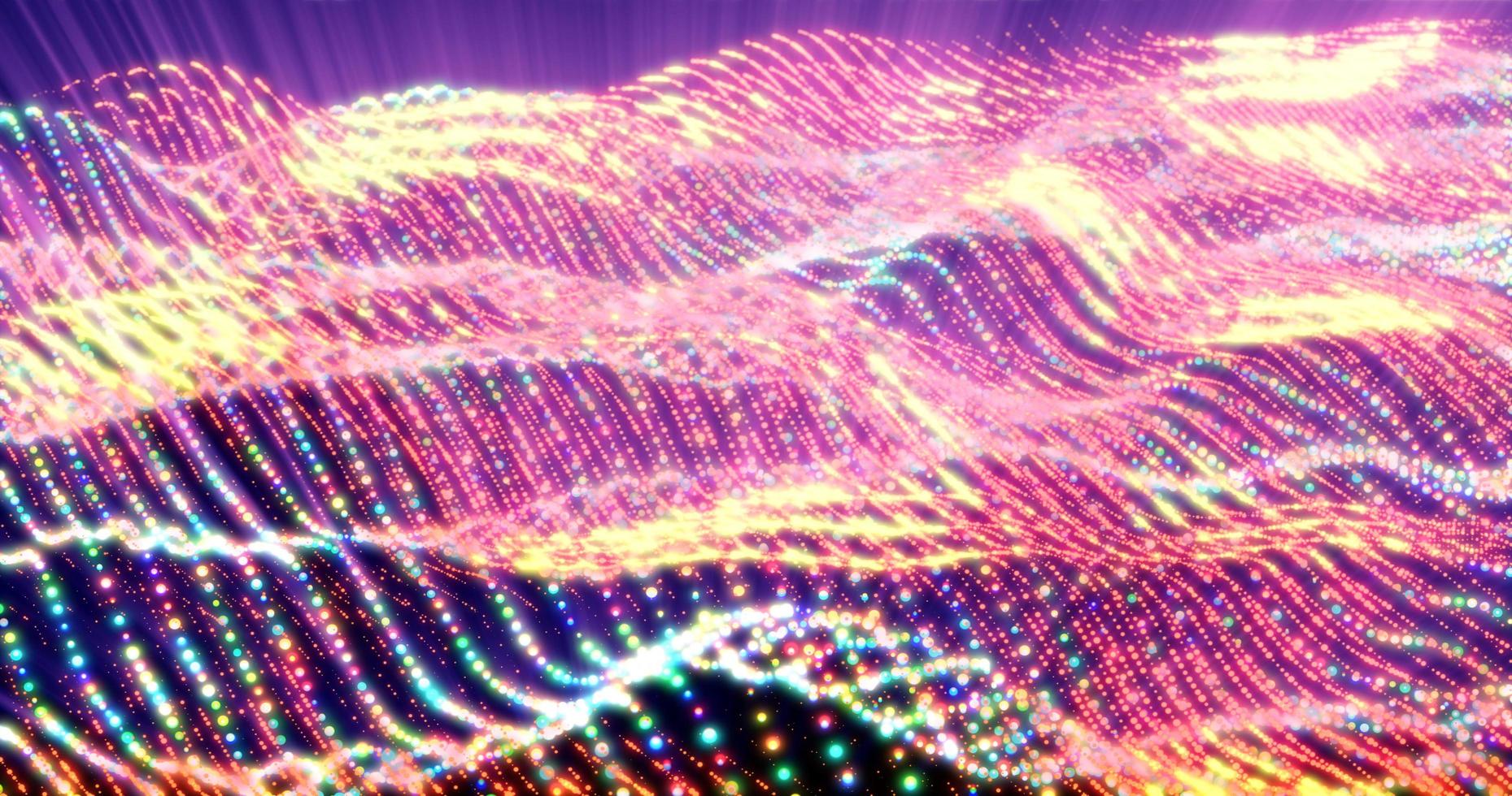 Abstract bright glowing multicolored rainbow waves and lines from particles and dots in the form of a field with a blur effect. Abstract background photo