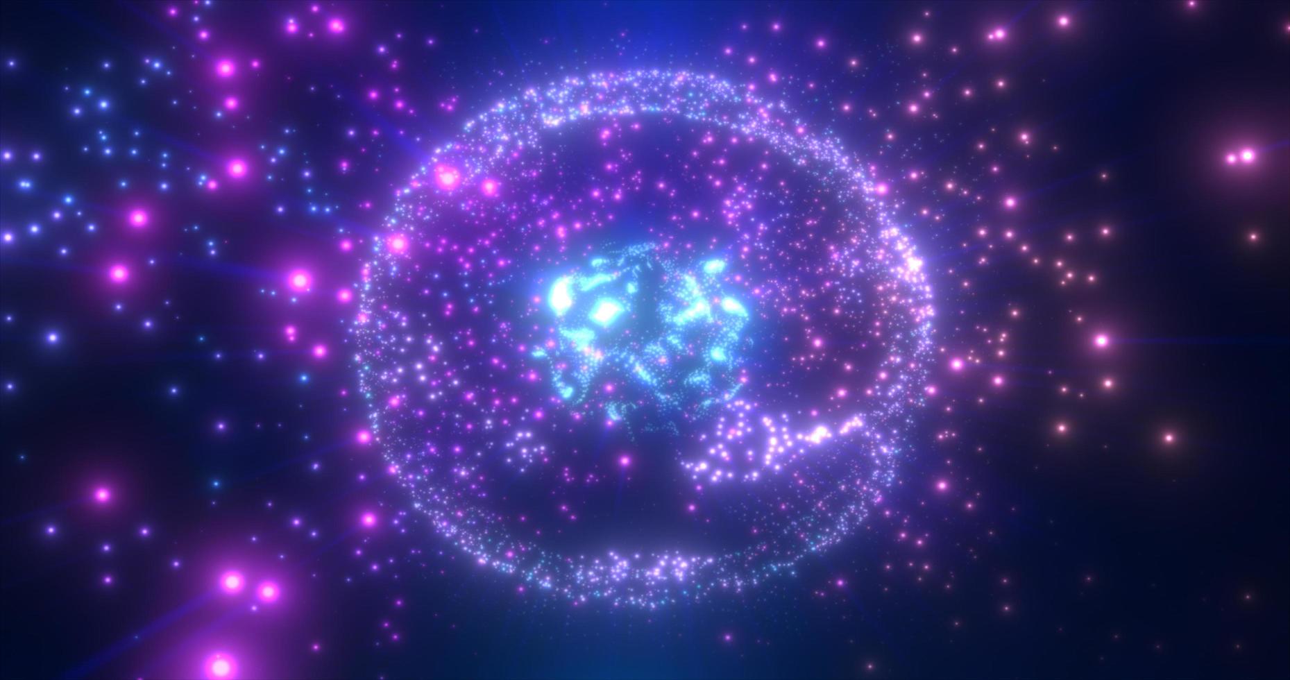 Abstract round blue to purple sphere light bright glowing from energy rays and magic waves from particles and dots, abstract background photo