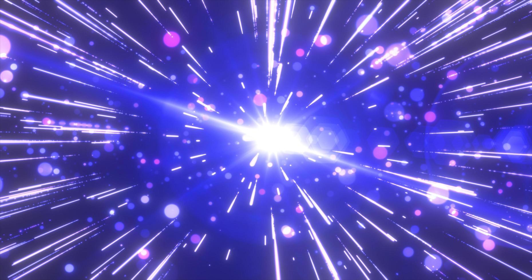 Abstract blue flying stars bright glowing in space with particles and magical energy lines in a tunnel in open space with sun rays. Abstract background photo