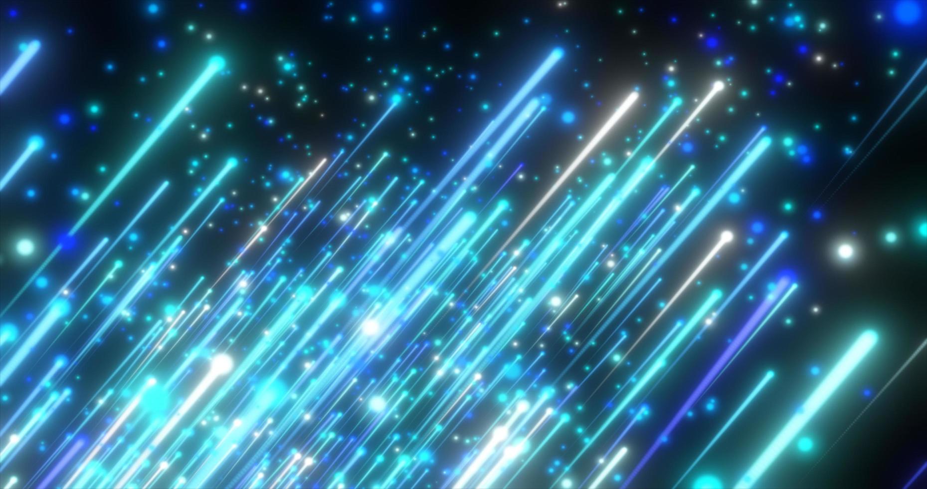 meteoritos de líneas brillantes diagonales voladoras azules abstractas de energía y luz de partículas y puntos de energía mágica sobre un fondo negro. fondo abstracto foto