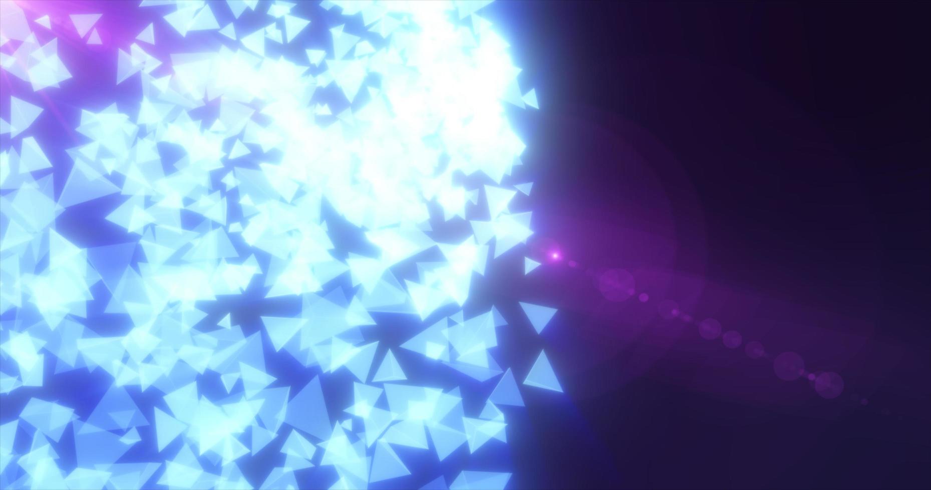 Abstract flying small blue luminous glass triangles, pyramids shiny energetic magical on a dark background. Abstract background photo