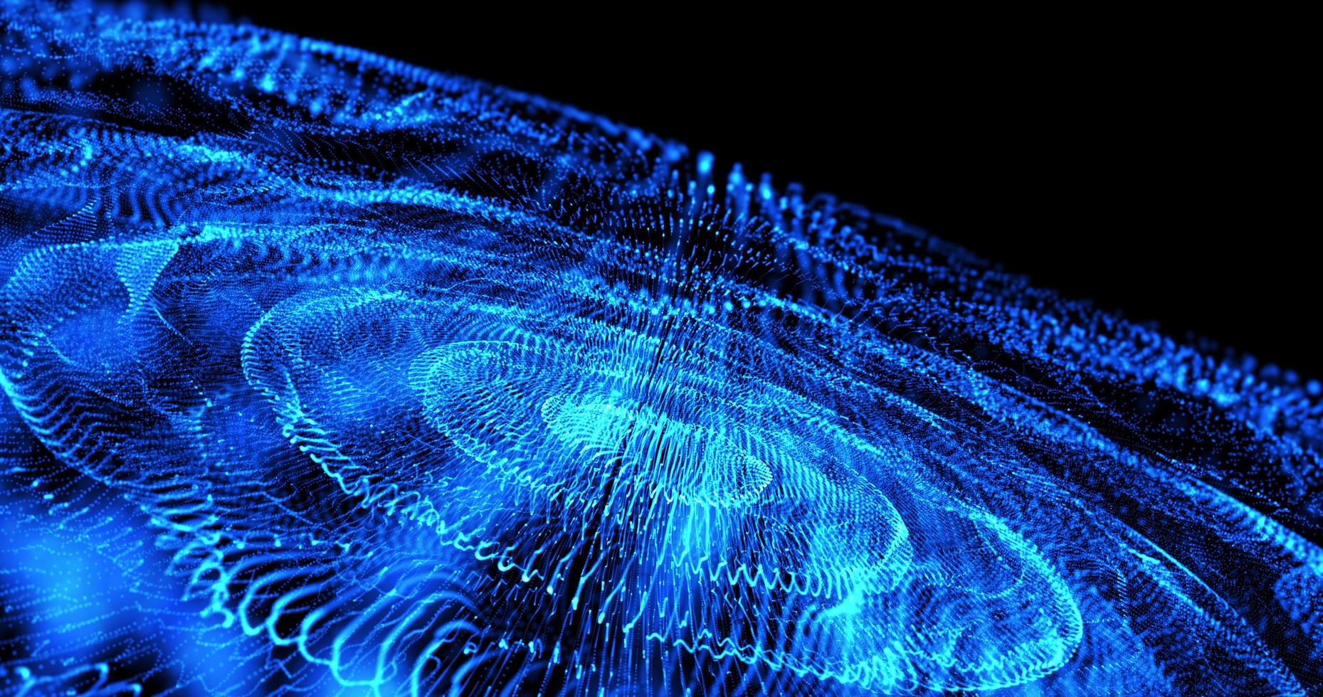 Abstract background with blue moving flying stripes, lines of digital hi-tech blue smoke particles on the surface photo