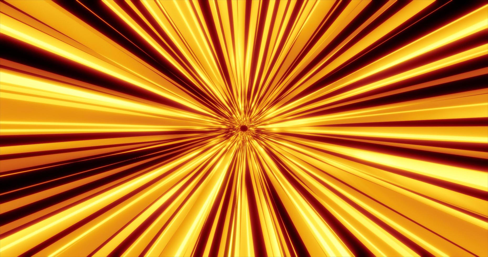 Abstract yellow bright glowing particles and magical energy lines in a tunnel with sun rays. Abstract background photo