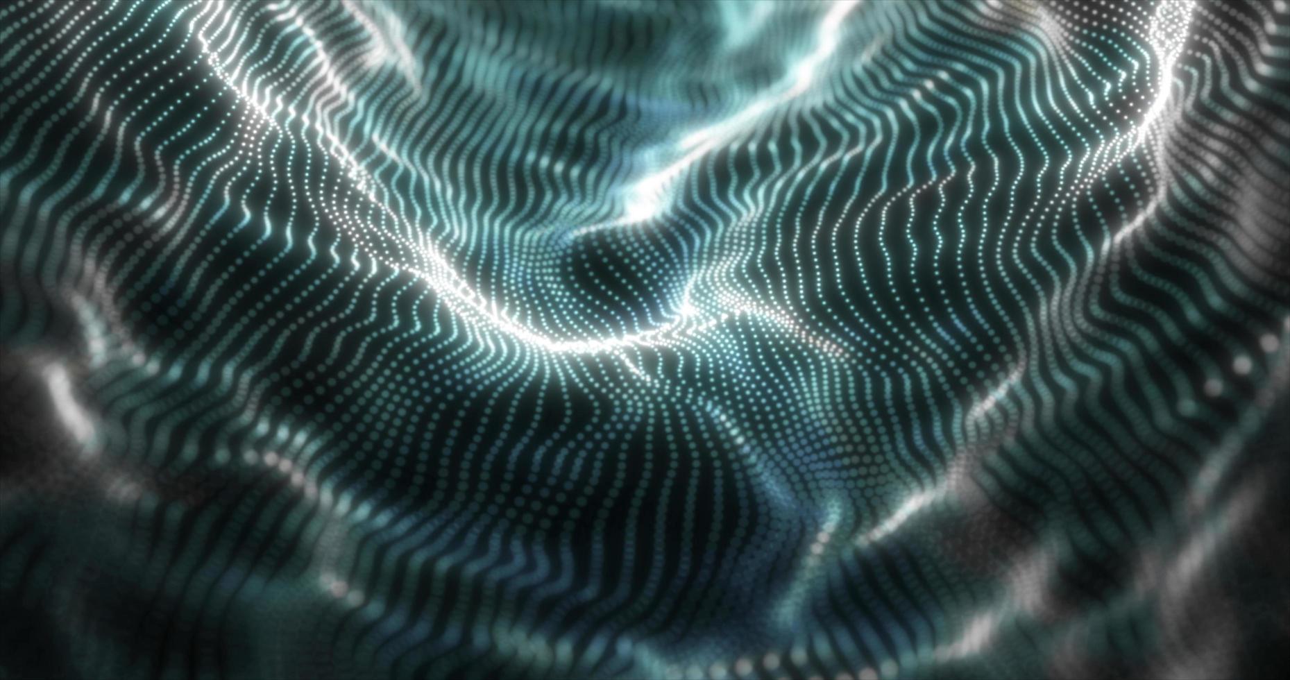 Abstract blue futuristic waves from a grid of particles lines glowing bright shiny neon digital magical energy on a dark background. Abstract background photo