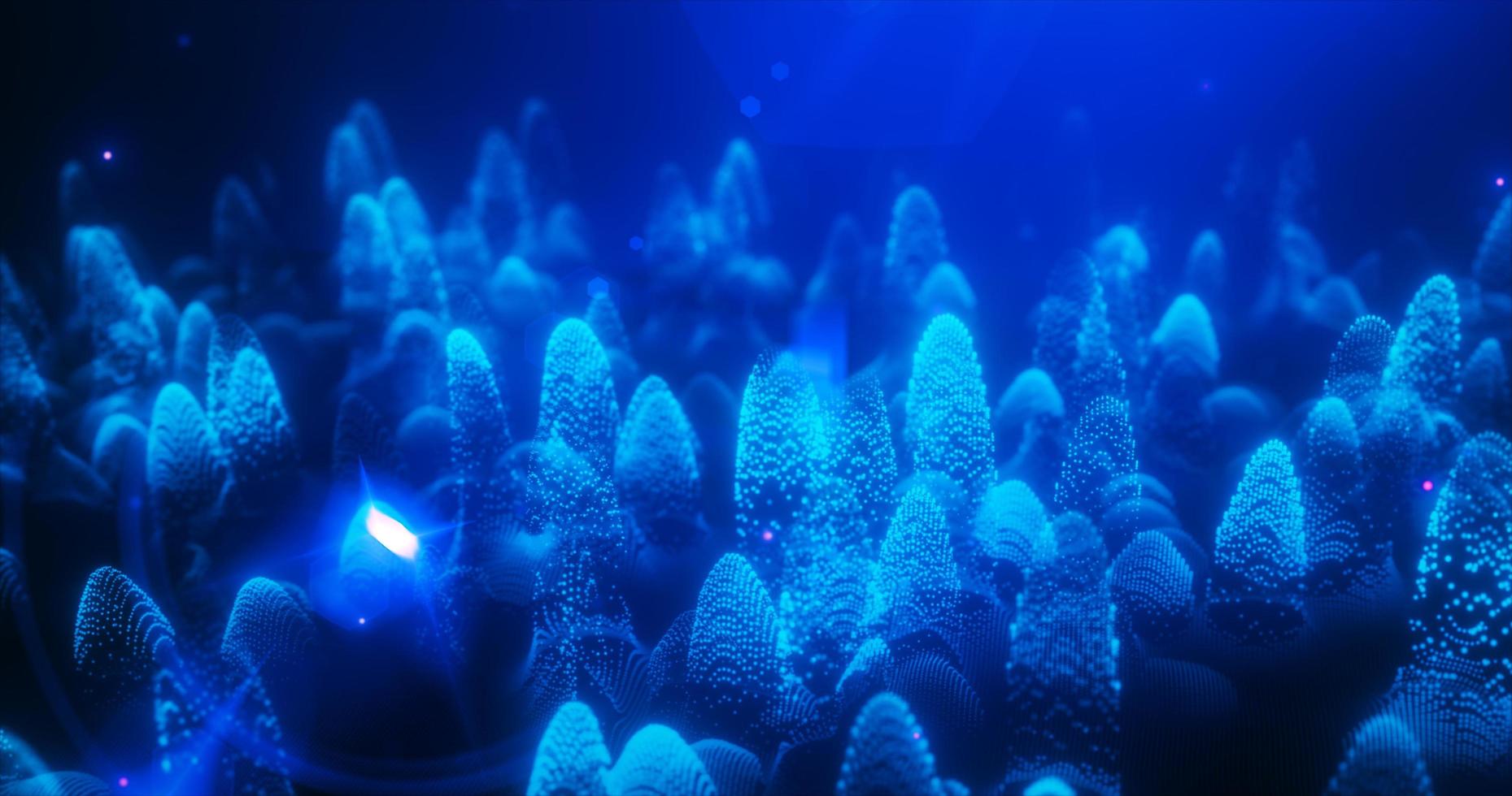 Abstract blue futuristic landscape of particles and dots of energetic magic with glow and blur effect, abstract background photo