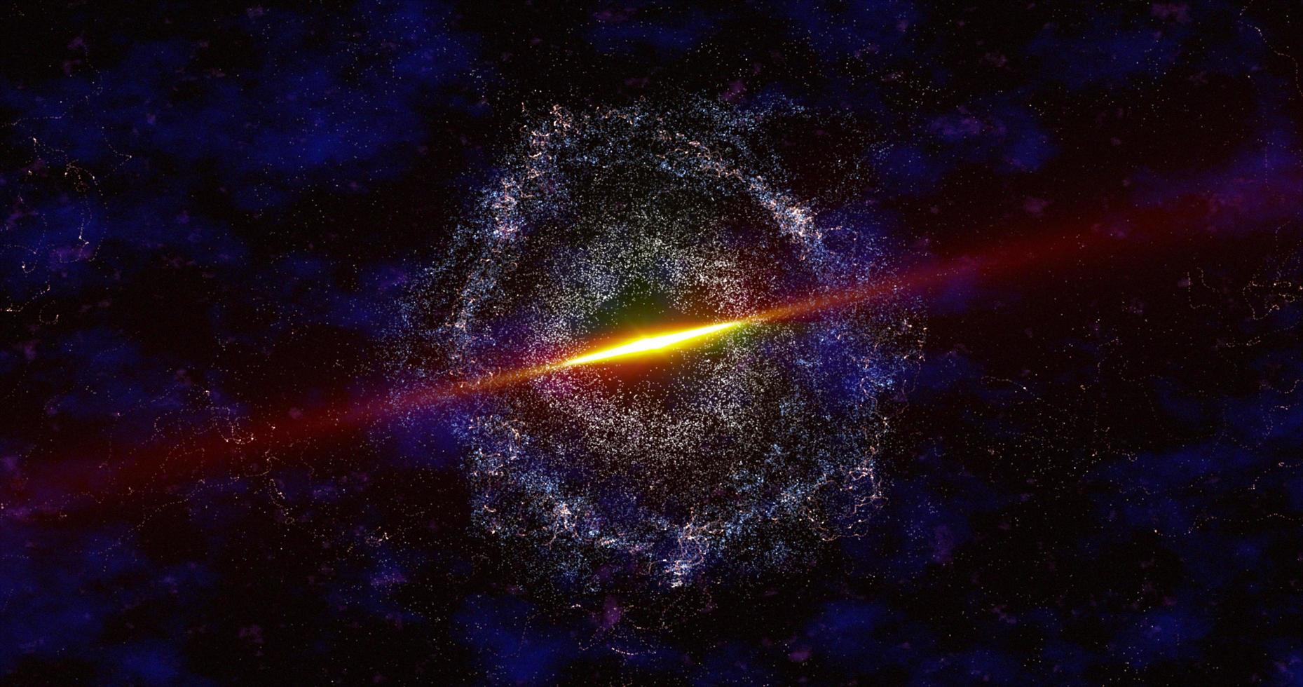 Abstract space galaxy with stars and planets spinning from particles and dots glowing bright futuristic on a black background. Abstract backgroun photo