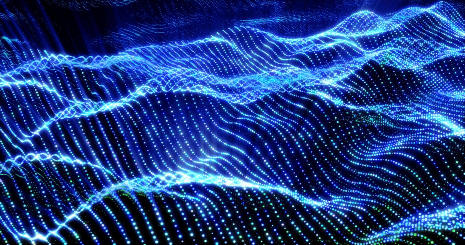 Abstract bright glowing blue waves and lines from particles and dots in the form of a field with a blur effect. Abstract background photo